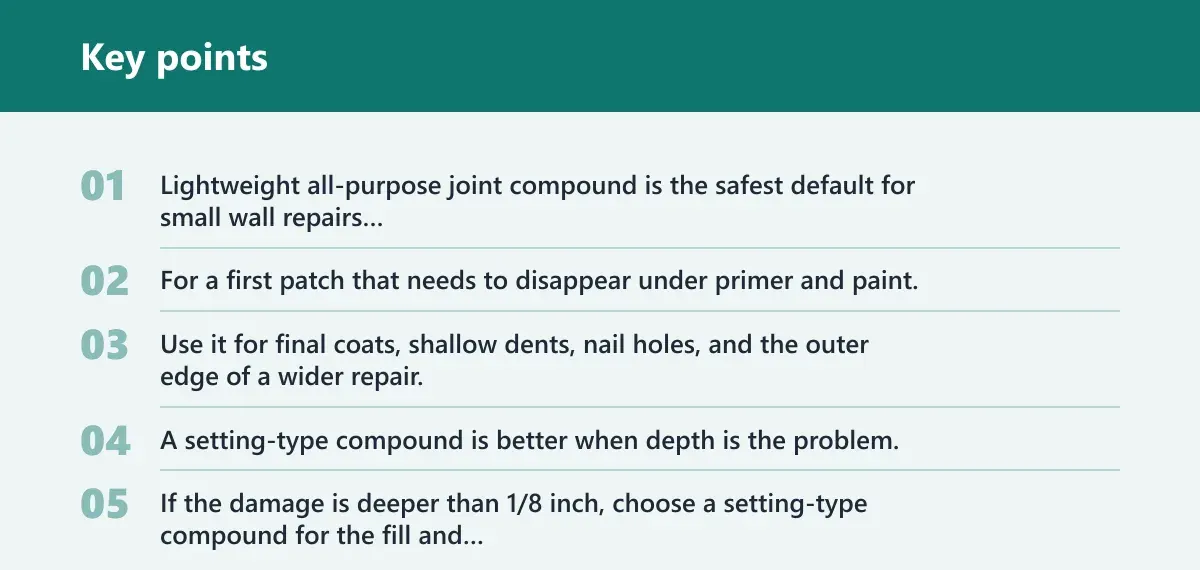 Key points: Top pick for small drywall repairs