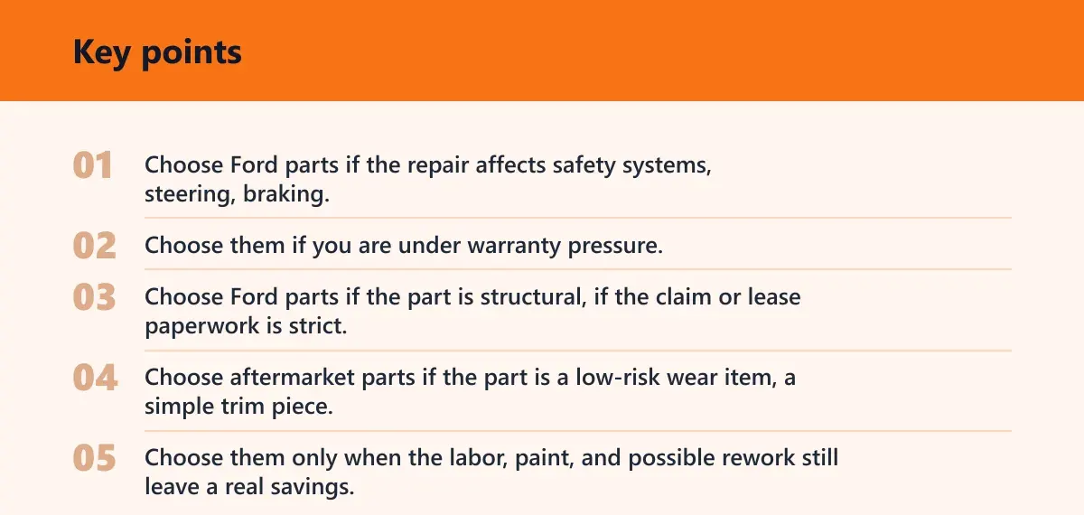 Key points: Ford parts if or aftermarket parts if