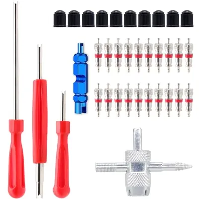 Valve Stem Removal Tool - 20Pcs Valve Cores, 10Pcs Tire Valve Caps, 4-Way Valve Tool, Valve Core Remover Tool By ZHSMS